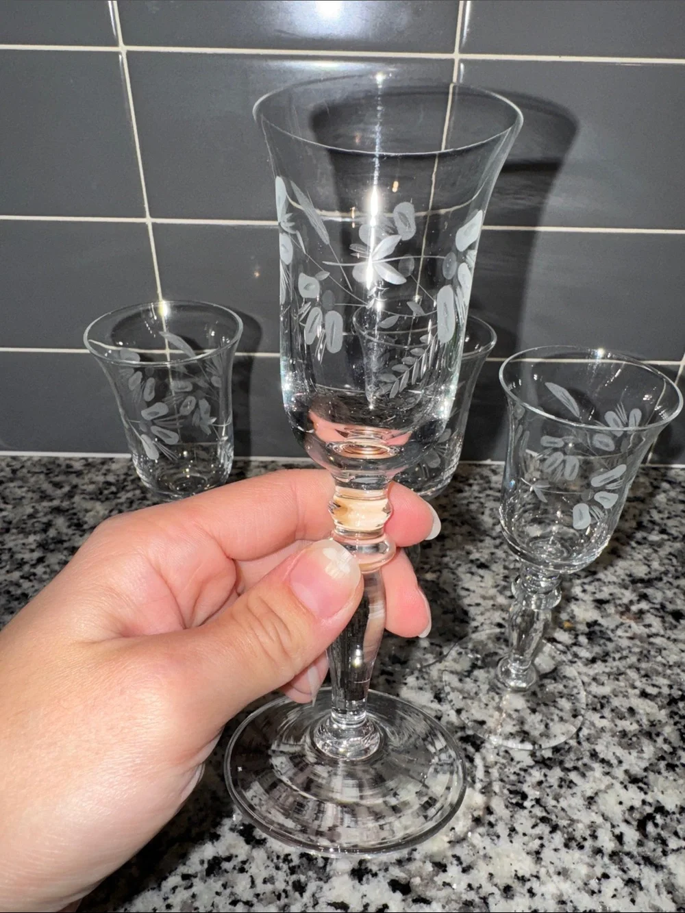 Clear Etched Floral Wine Glasses - Set of 4